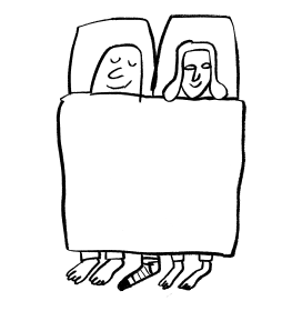 A hand drawn man and woman in bed with their feet sticking out the end