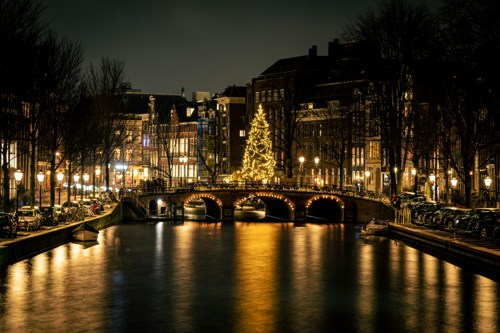 Imagem de stock de ponte e árvore de Natal