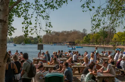 Grupos de pessoas sentados em mesas de piquenique no hyde park durante o verão